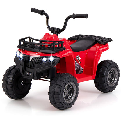 The red kids electric quad featuring a front storage rack and bright LED lights