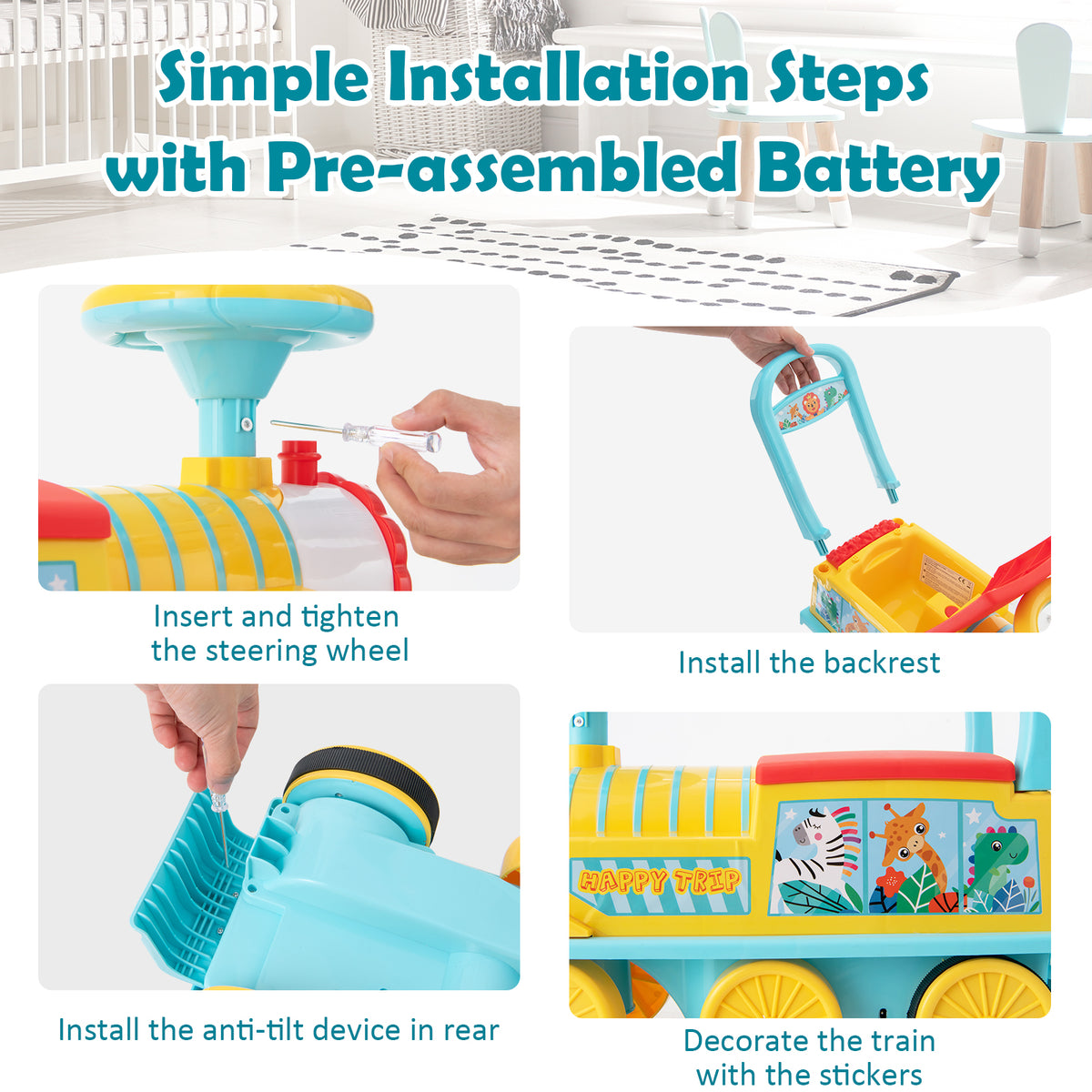 Steps for assembling the blue electric ride on train