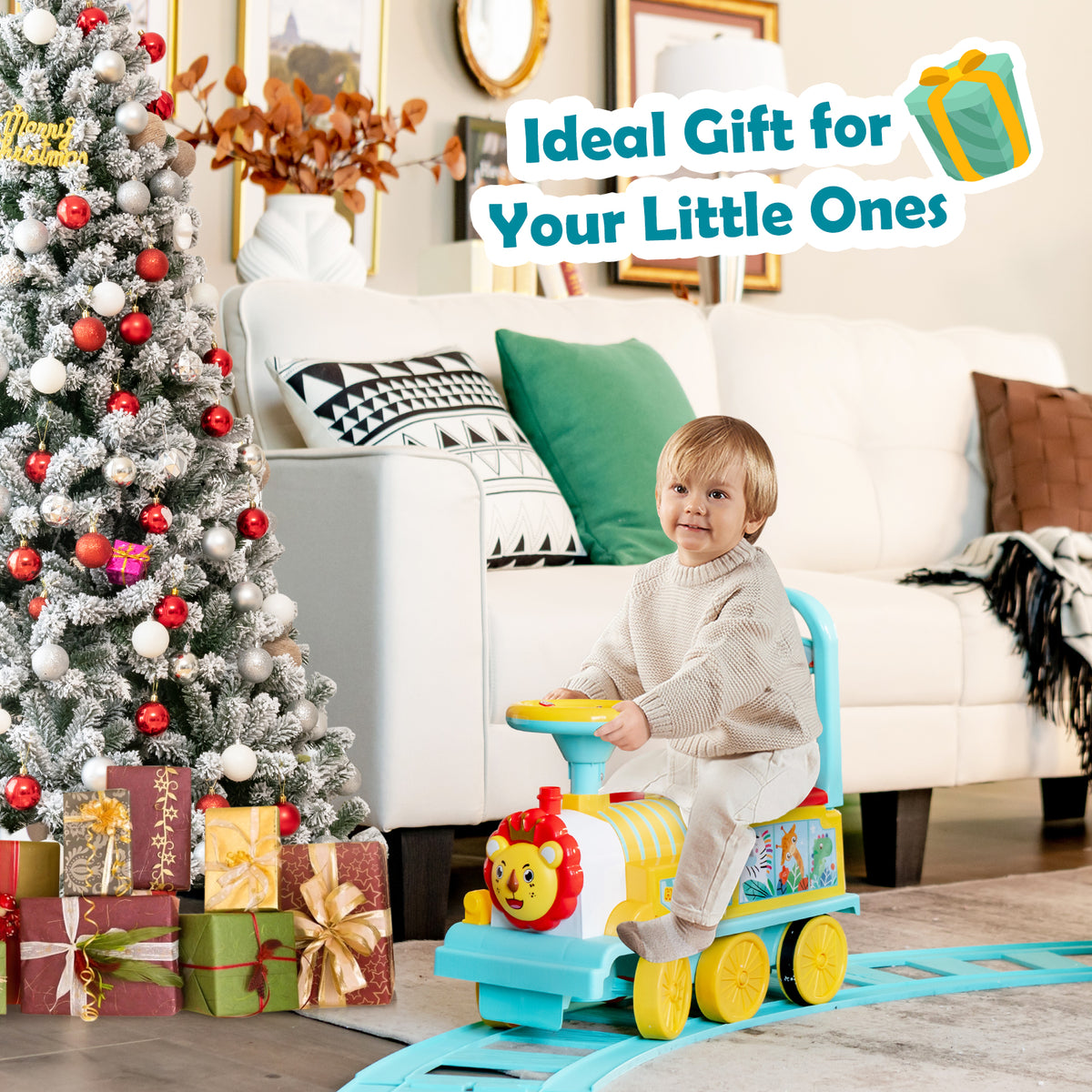 Blue electric ride on train in a living room near a Christmas tree