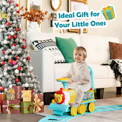Blue electric ride on train in a living room near a Christmas tree