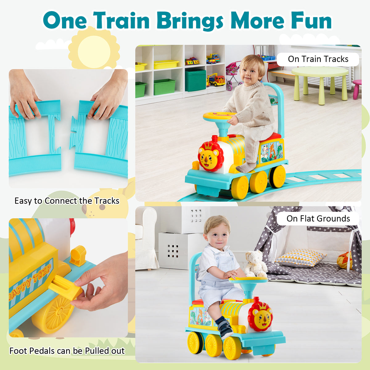 Two ways to play with the blue electric ride on train on tracks and flat ground