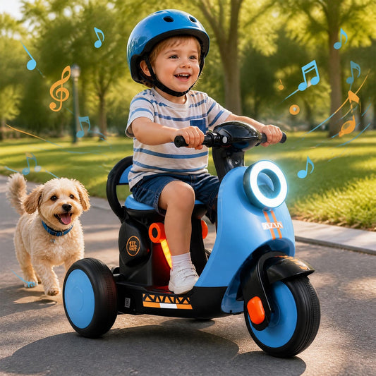 A happy boy wearing a blue helmet rides the kids electric motorbike outdoors with a small dog running alongside