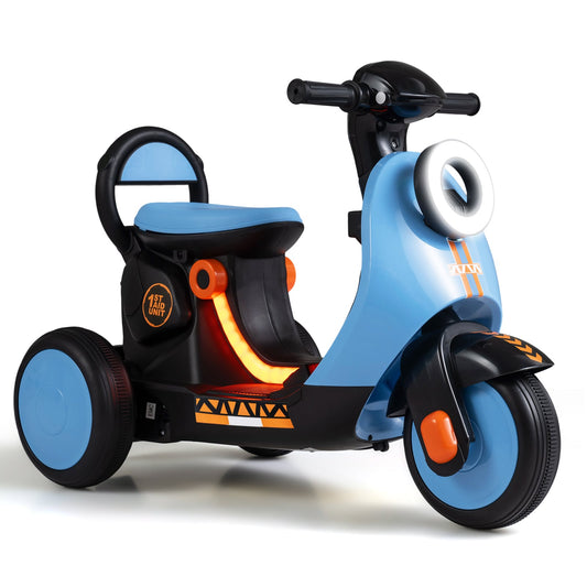 6V Battery Powered Ride on Motorcycle, a blue kids electric motorbike with a light-up front and orange accents