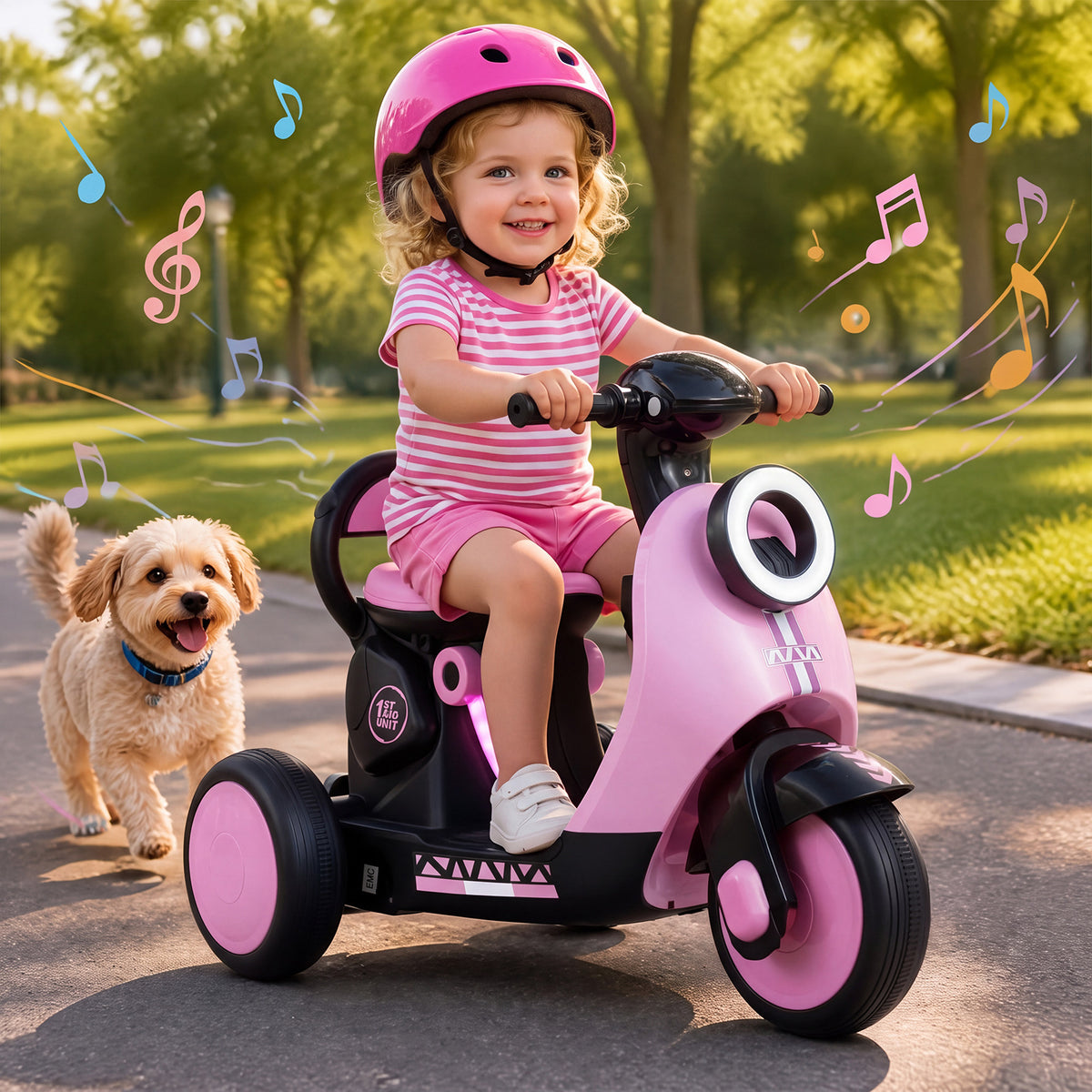 6V Battery Powered Ride on Motorcycle, the kids electric motorbike ridden by a girl with a small dog walking alongside