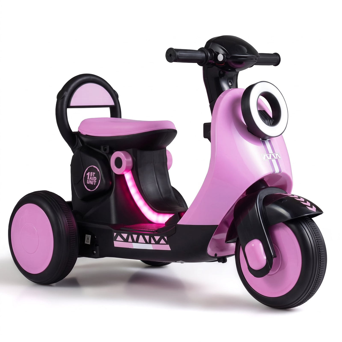 6V Battery Powered Ride on Motorcycle in pink with black accents and a light-up deck