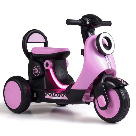 6V Battery Powered Ride on Motorcycle in pink with black accents and a light-up deck