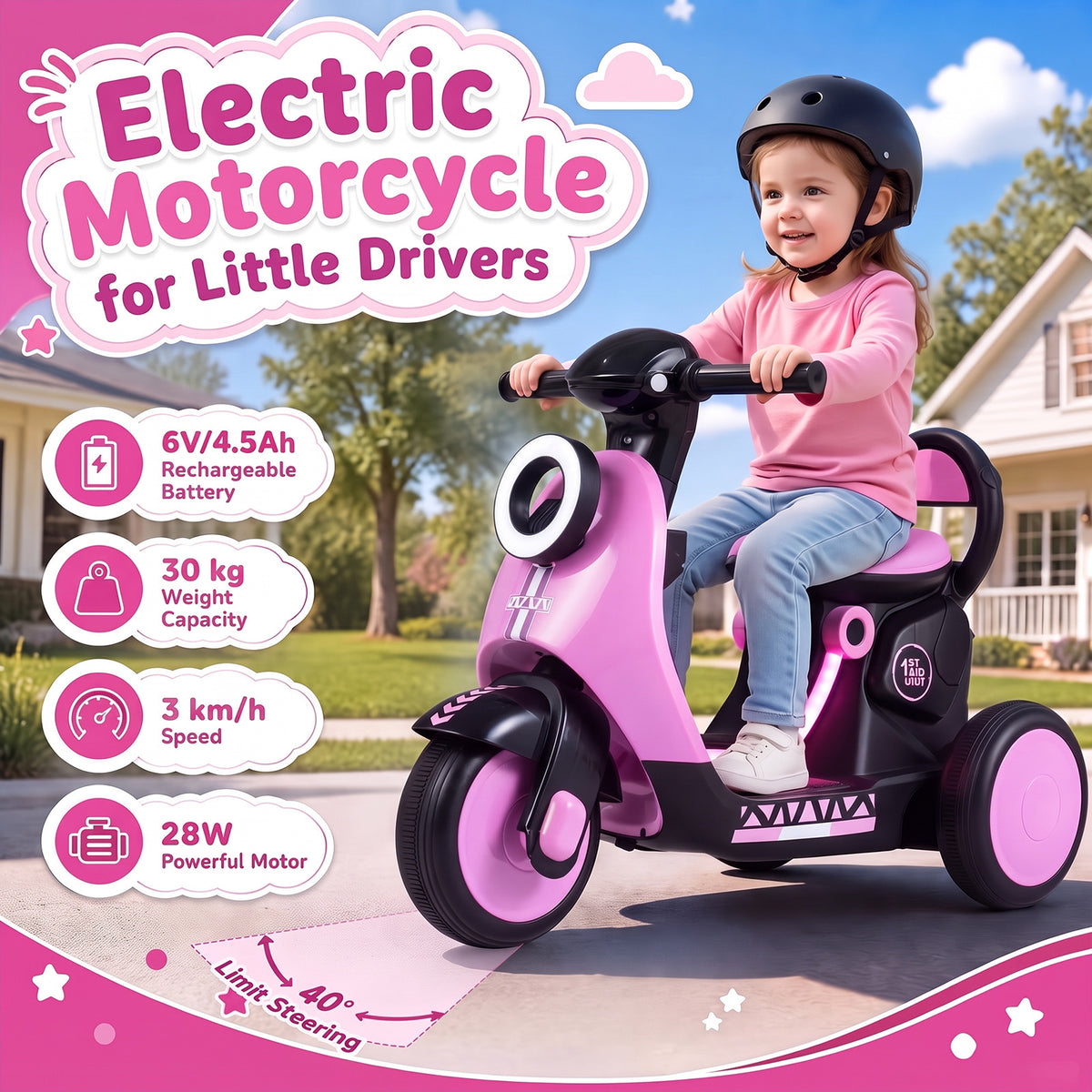 Pink kids electric motorbike with text detailing speed, battery and motor power