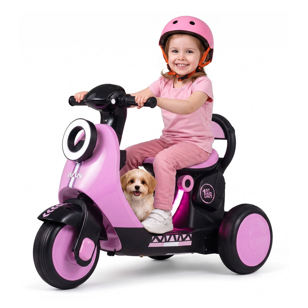 6V Battery Powered Ride on Motorcycle, the kids electric motorbike with a girl sitting on it and a small dog in the footwell