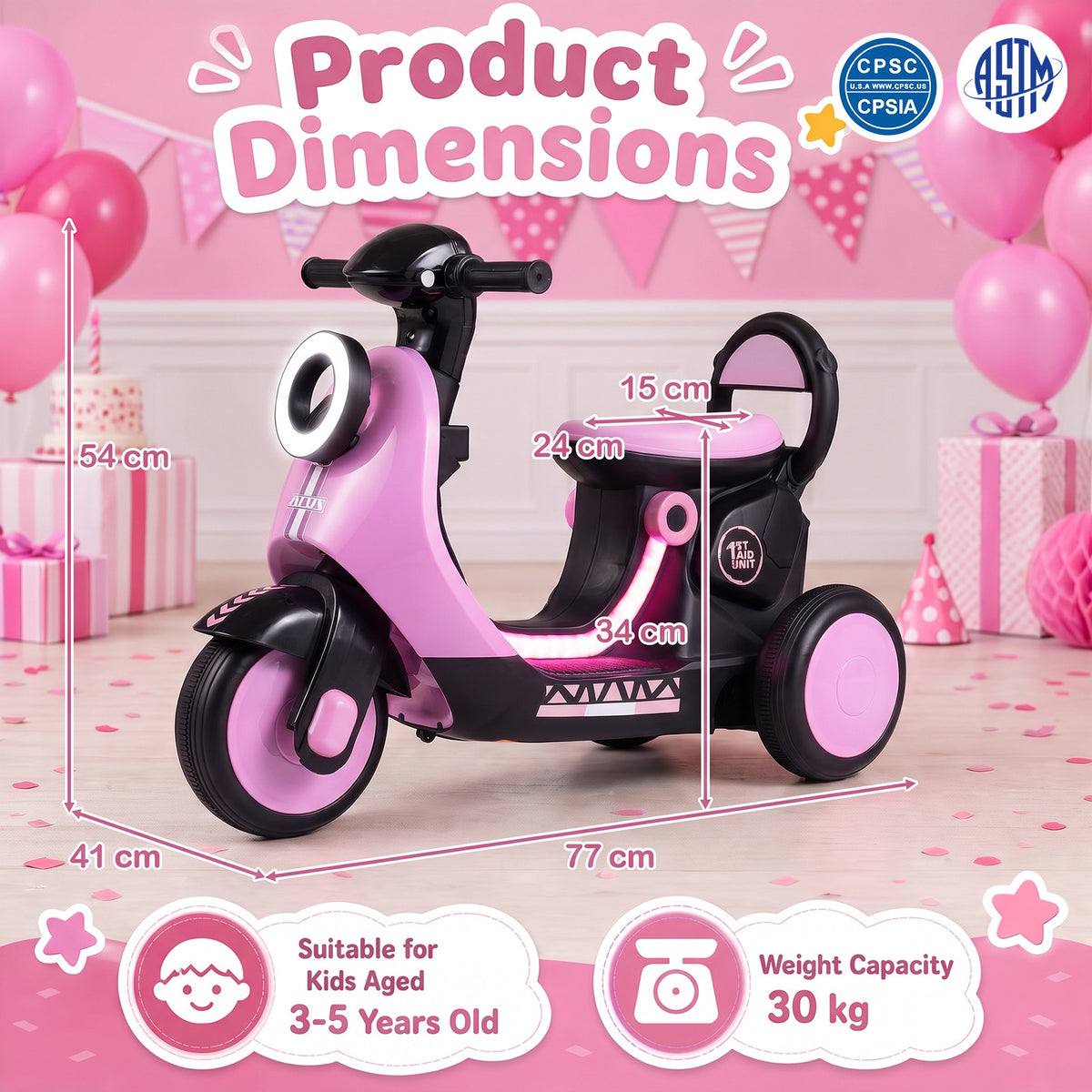 6V Battery Powered Ride on Motorcycle, the kids electric motorbike shown with various measurements and age suitability