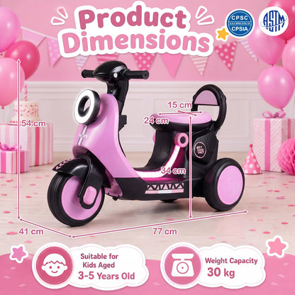 6V Battery Powered Ride on Motorcycle, the kids electric motorbike shown with various measurements and age suitability