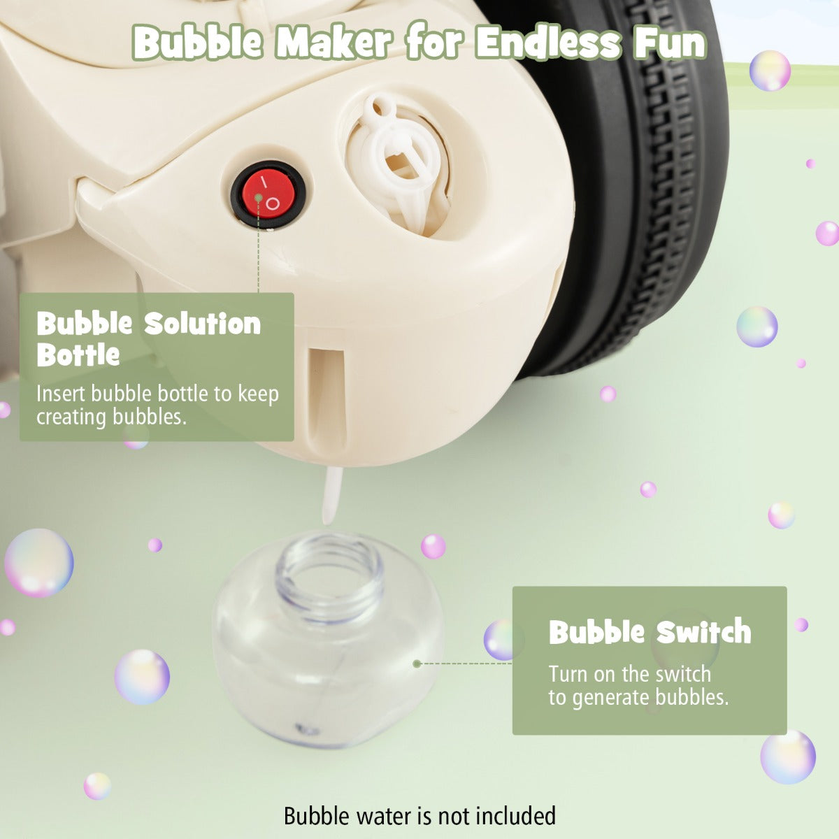 The kids electric motorbike showing the bubble solution bottle and the power switch