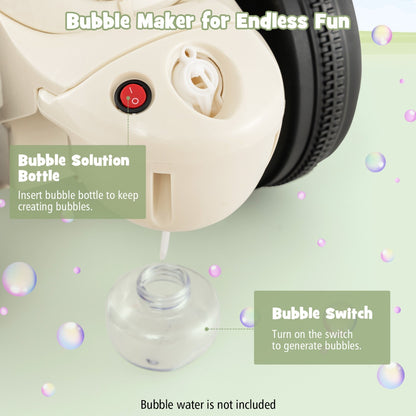 The kids electric motorbike showing the bubble solution bottle and the power switch