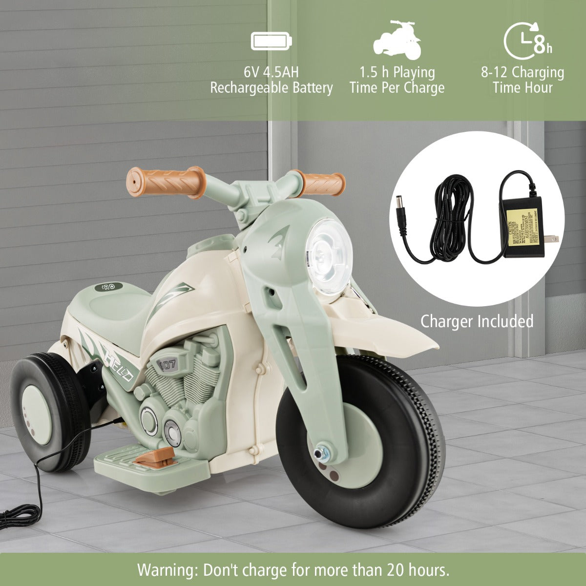 The kids electric motorbike connected to a power cable and the included battery charger