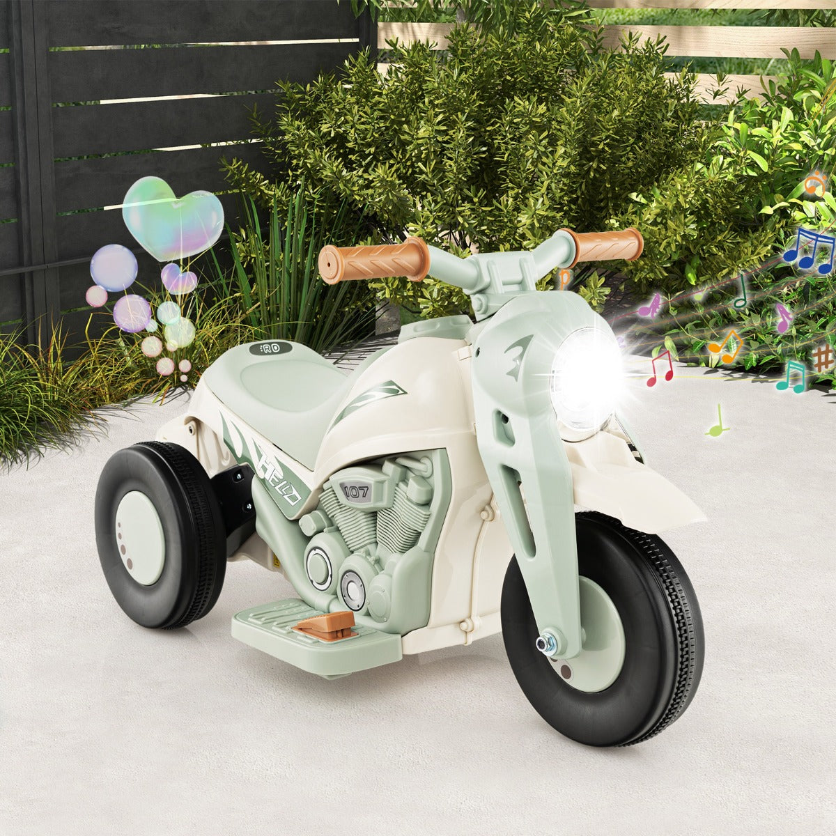 The kids electric motorbike parked on a patio with bubbles and musical notes floating around