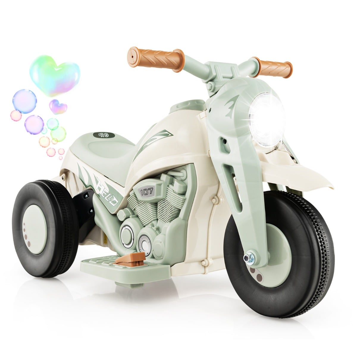 6V Electric Kid Ride on Motorcycle with Bubble Maker in beige with a glowing headlight