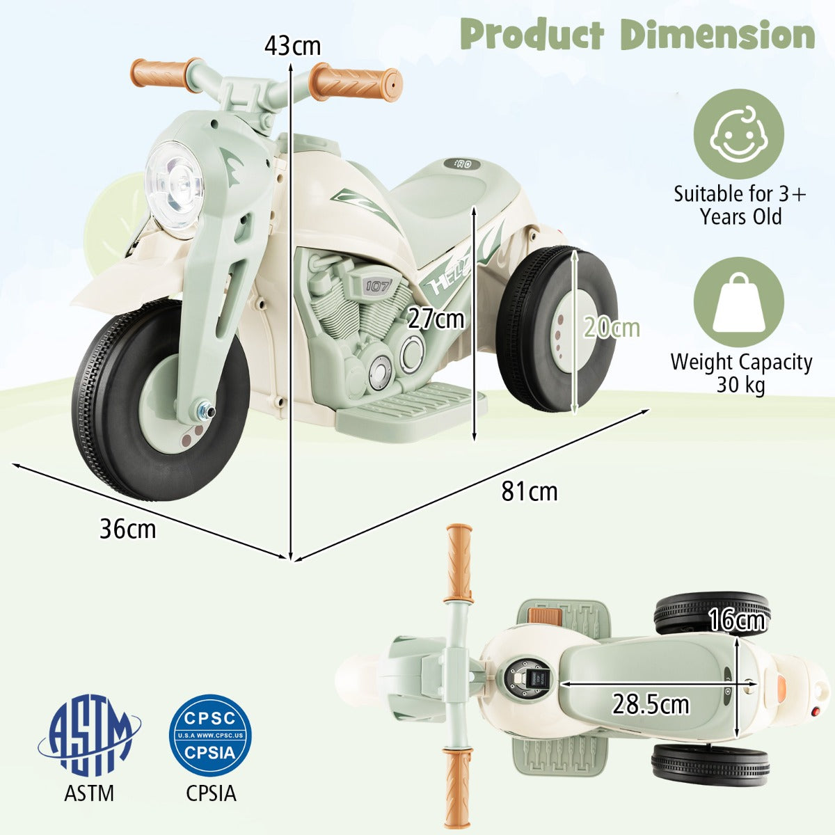 The kids electric motorbike displayed with various dimension lines and measurement labels