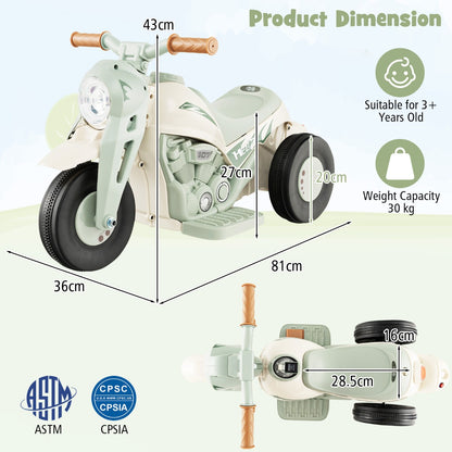 The kids electric motorbike displayed with various dimension lines and measurement labels