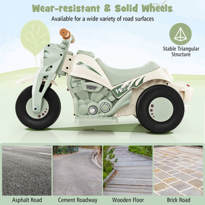 The kids electric motorbike showing the durable wheels and various road surface examples