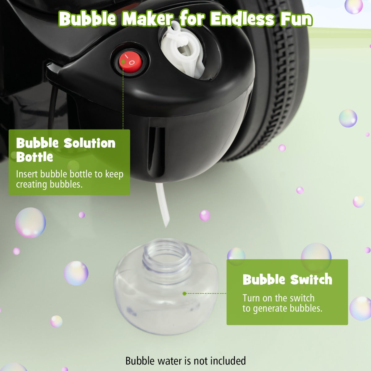 The kids electric motorbike highlighting the bubble maker switch and solution bottle slot