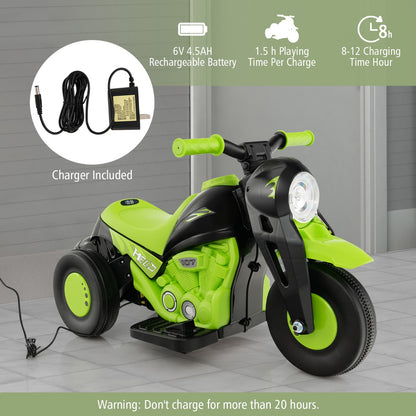 The kids electric motorbike shown with its included battery charger and charging details