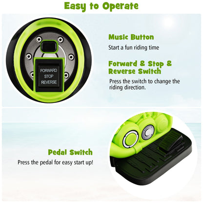 The kids electric motorbike controls including the music button and the foot pedal switch