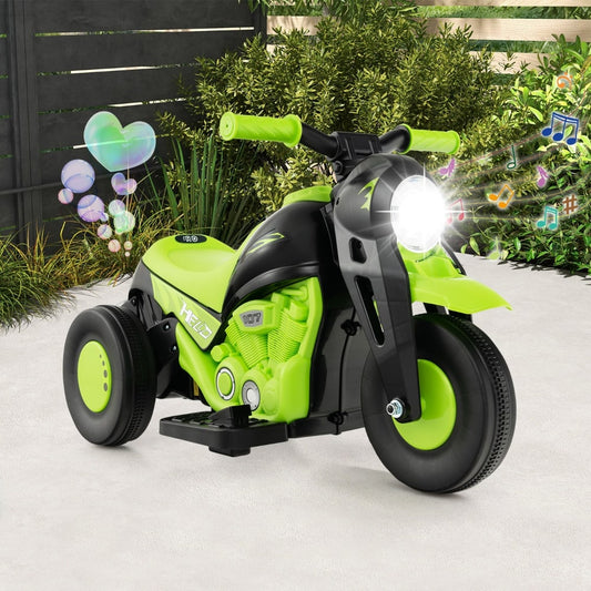 The kids electric motorbike parked on a patio with floating bubbles and musical note icons