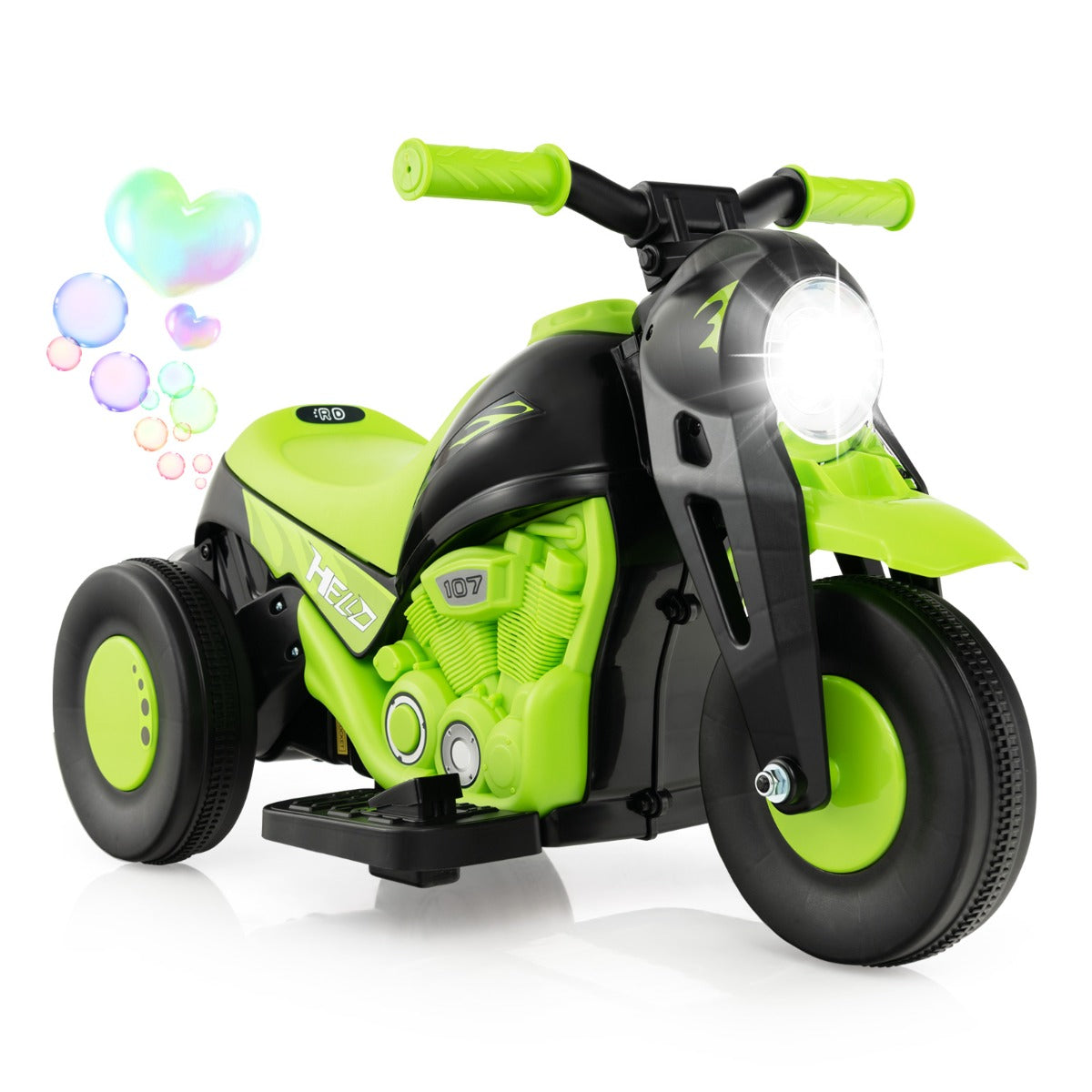 6V Electric Kid Ride on Motorcycle with Bubble Maker in green and black with a glowing headlight