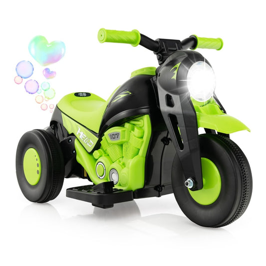 6V Electric Kid Ride on Motorcycle with Bubble Maker in green and black with a glowing headlight