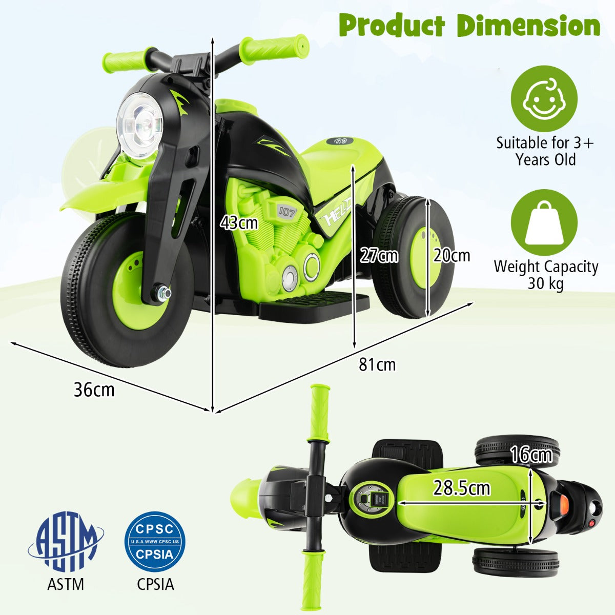 The kids electric motorbike with technical diagrams showing dimensions and age suitability