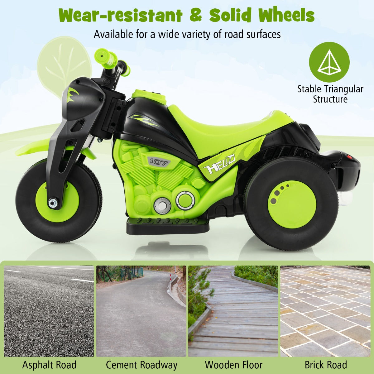 The kids electric motorbike showing the durable wheels and various suitable ground surfaces