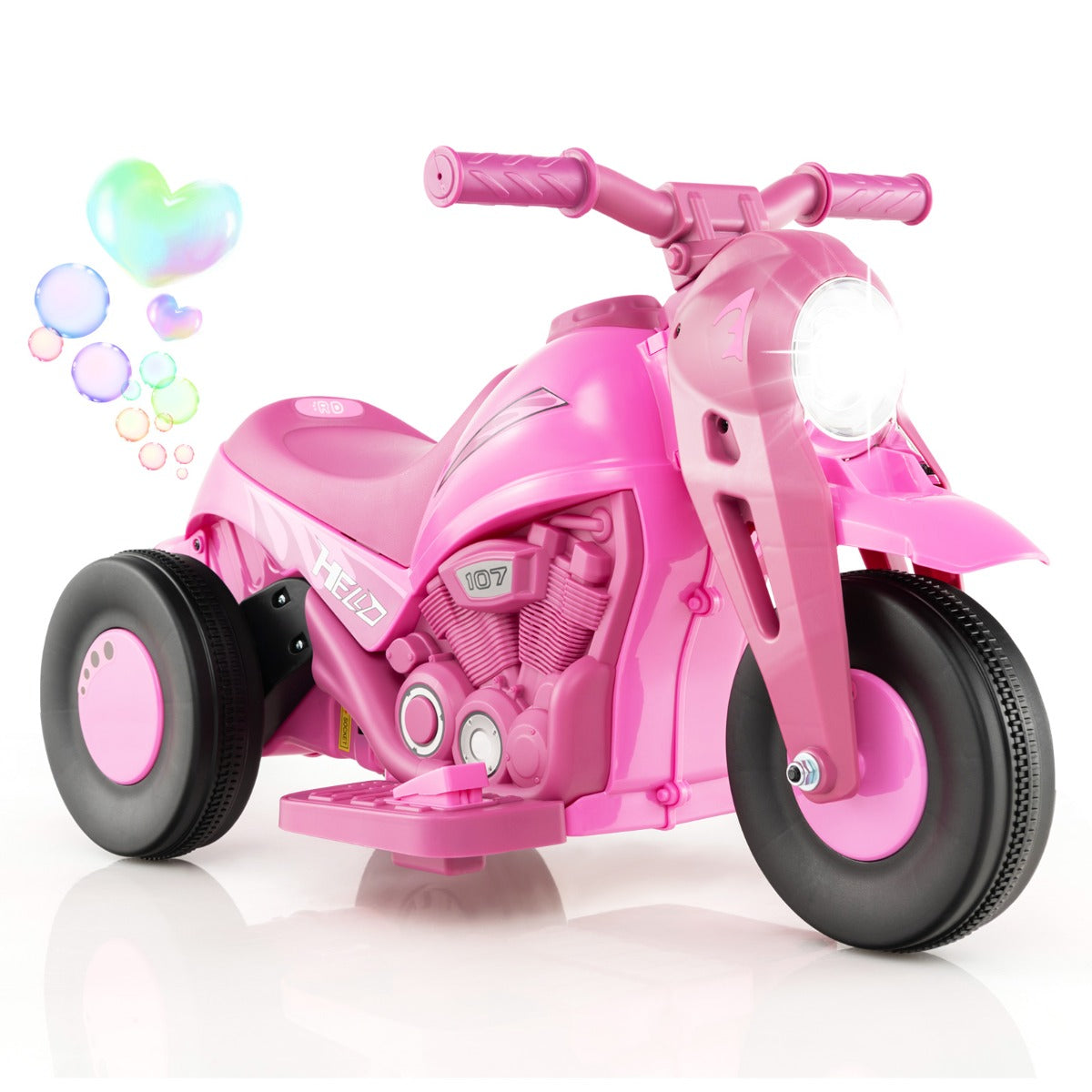 6V Electric Kid Ride on Motorcycle with Bubble Maker-Pink, a pink kids electric motorbike with three wheels and a light on
