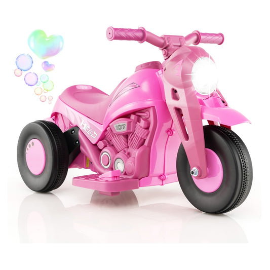 6V Electric Kid Ride on Motorcycle with Bubble Maker-Pink, a pink kids electric motorbike with three wheels and a light on