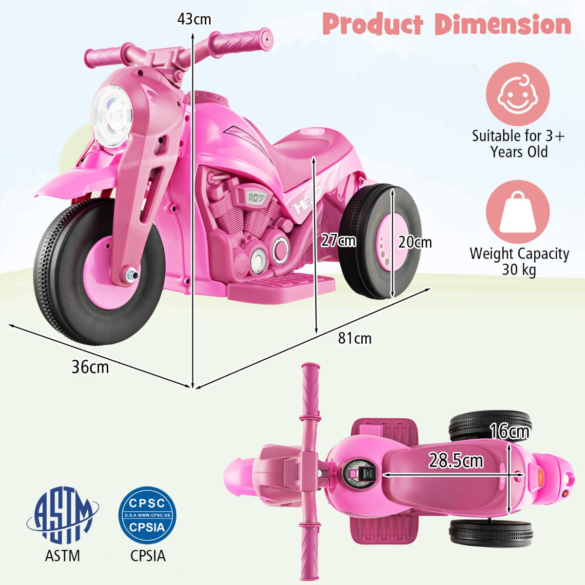 Product dimensions diagram for the pink kids electric motorbike, showing height, width and length