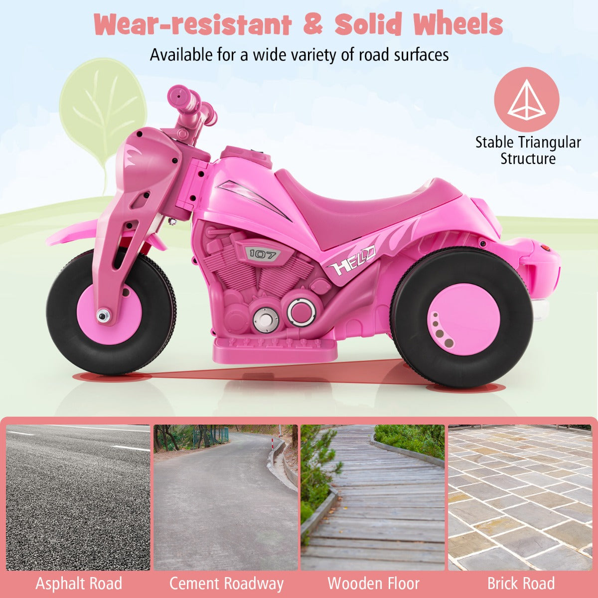 The pink kids electric motorbike shown on different road surfaces like asphalt and wood