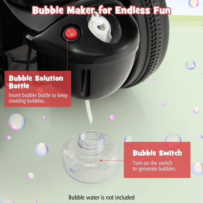 Close up of the bubble maker mechanism on the kids electric motorbike with a solution bottle
