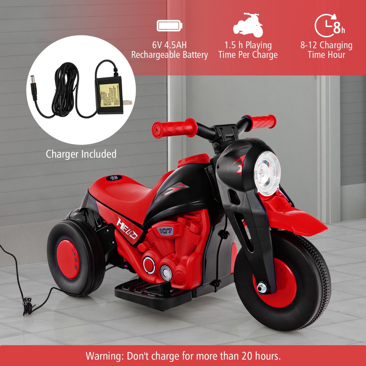 The kids electric motorbike shown with its battery charger and technical charging information