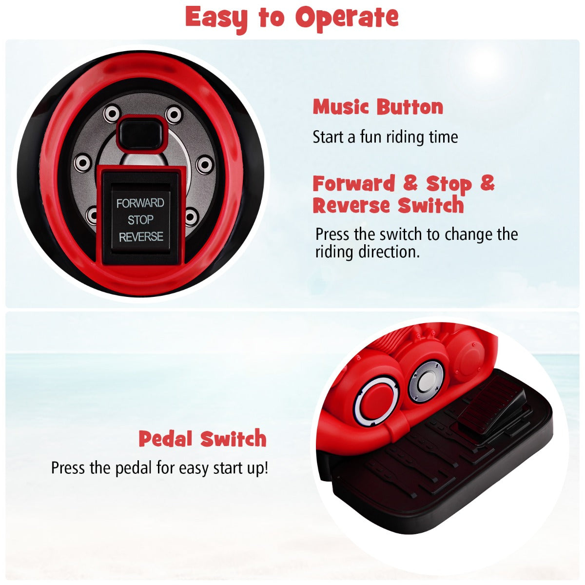 Close up of the control buttons and the foot pedal on the kids electric motorbike