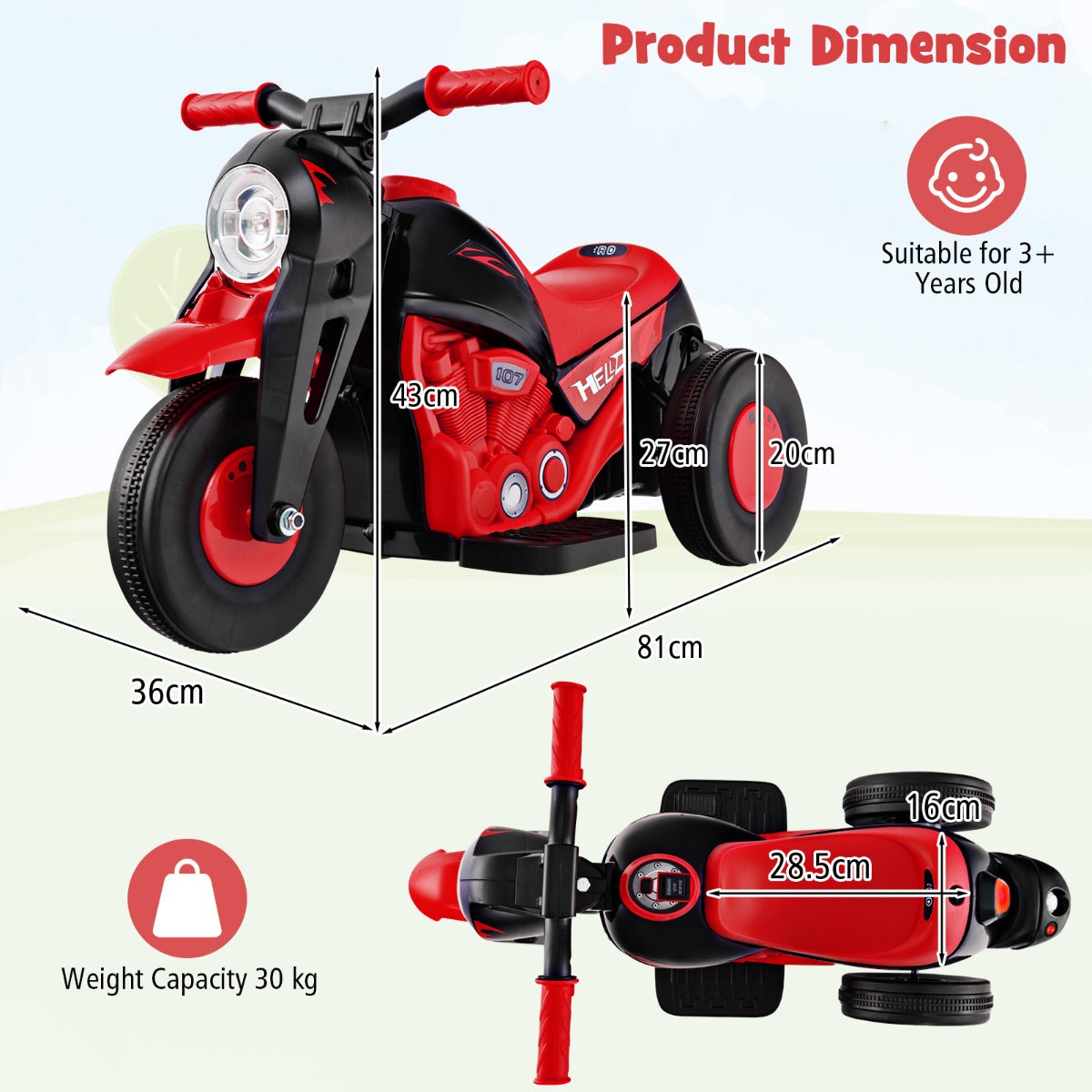 The kids electric motorbike with arrows indicating height and width dimensions from two angles