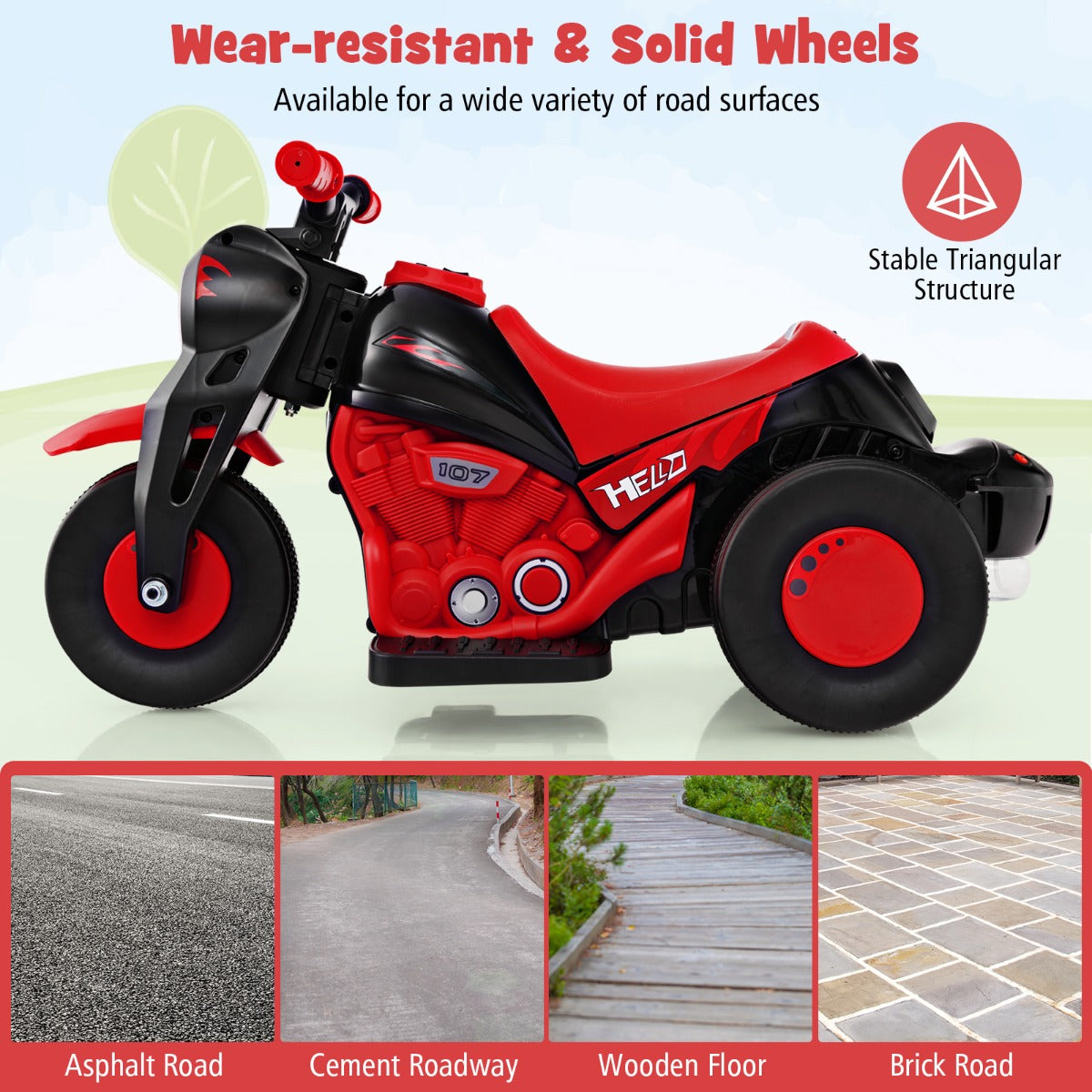 The kids electric motorbike shown from the side with examples of different road surfaces