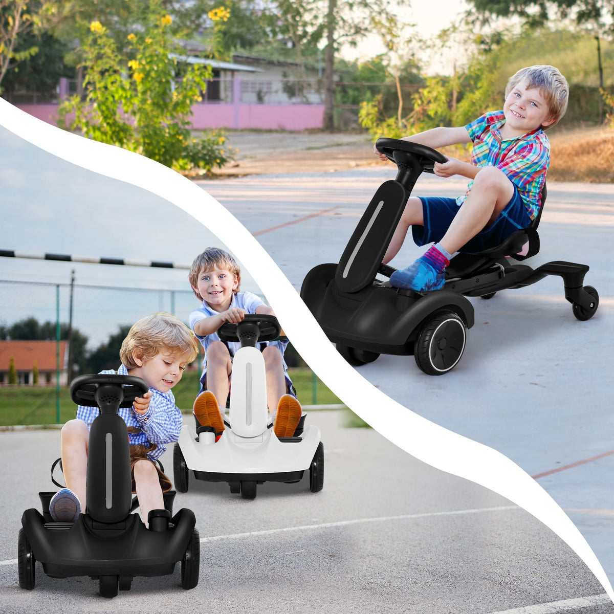 The kids electric car being driven by children on an outdoor paved area