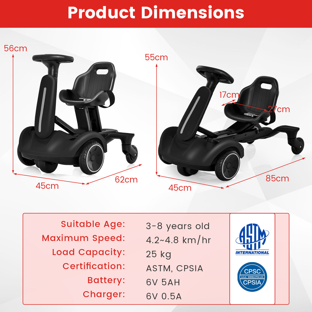 The kids electric car with technical dimensions and product specifications