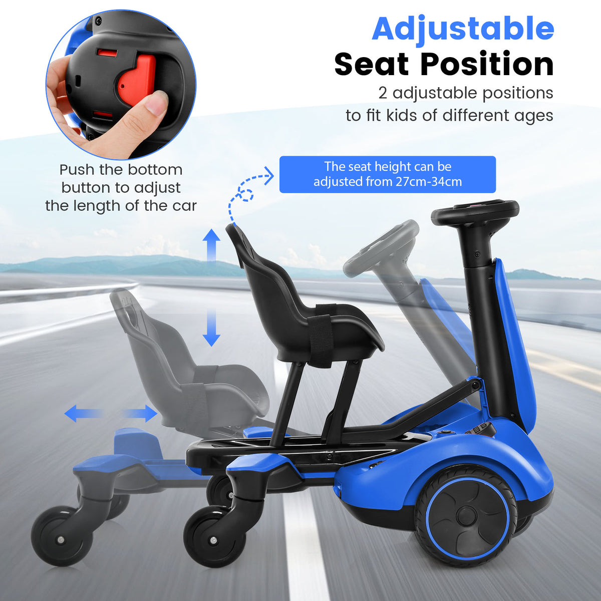 The kids electric cars showing how the seat and frame can be adjusted for different heights