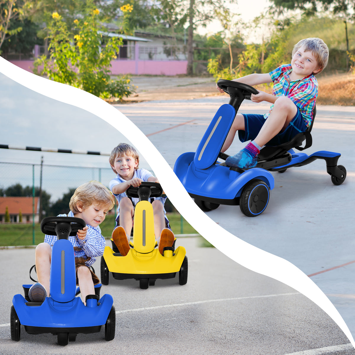 The kids electric cars in blue and yellow being ridden by children on an outdoor paved surface