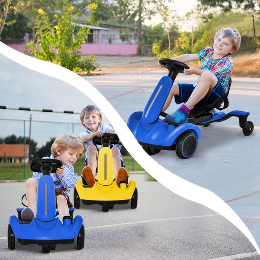 The kids electric cars in blue and yellow being ridden by children on an outdoor paved surface