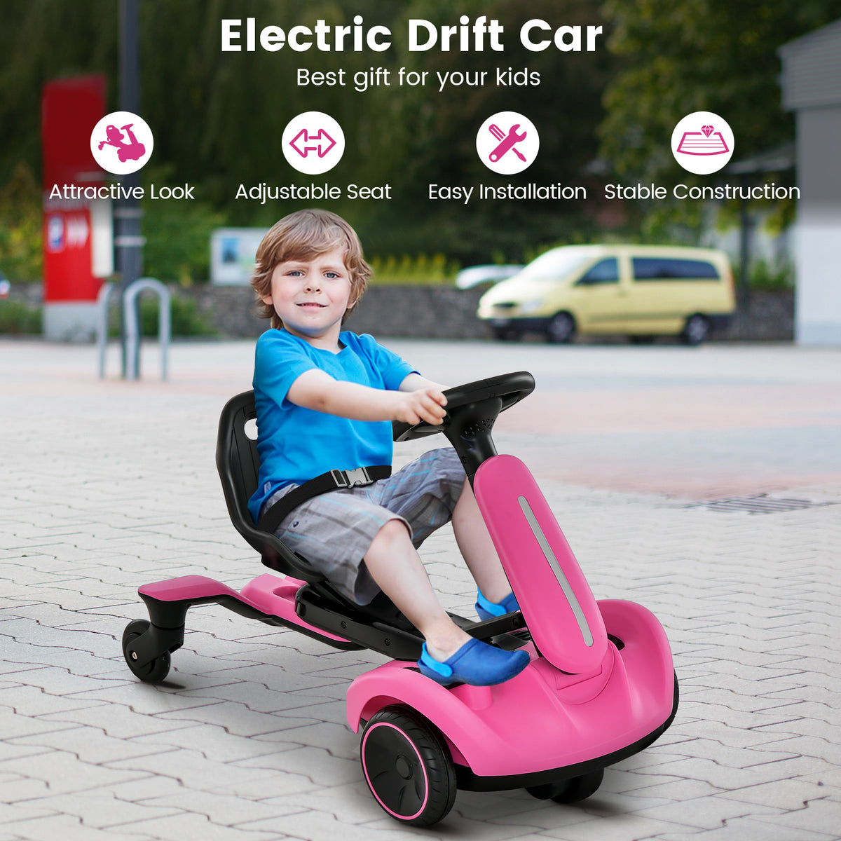 Boy sitting in a pink electric ride on drift car with text about features
