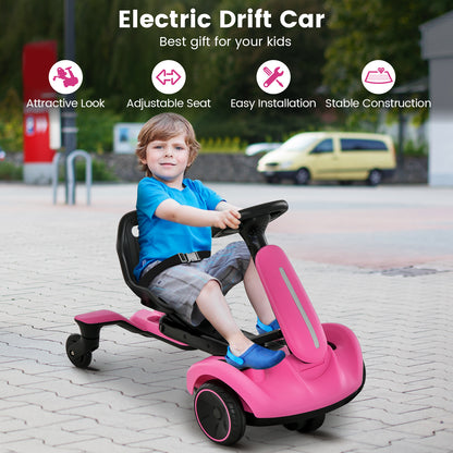 Boy sitting in a pink electric ride on drift car with text about features