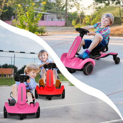 Two children enjoying a pink and a red electric ride on drift car outdoors