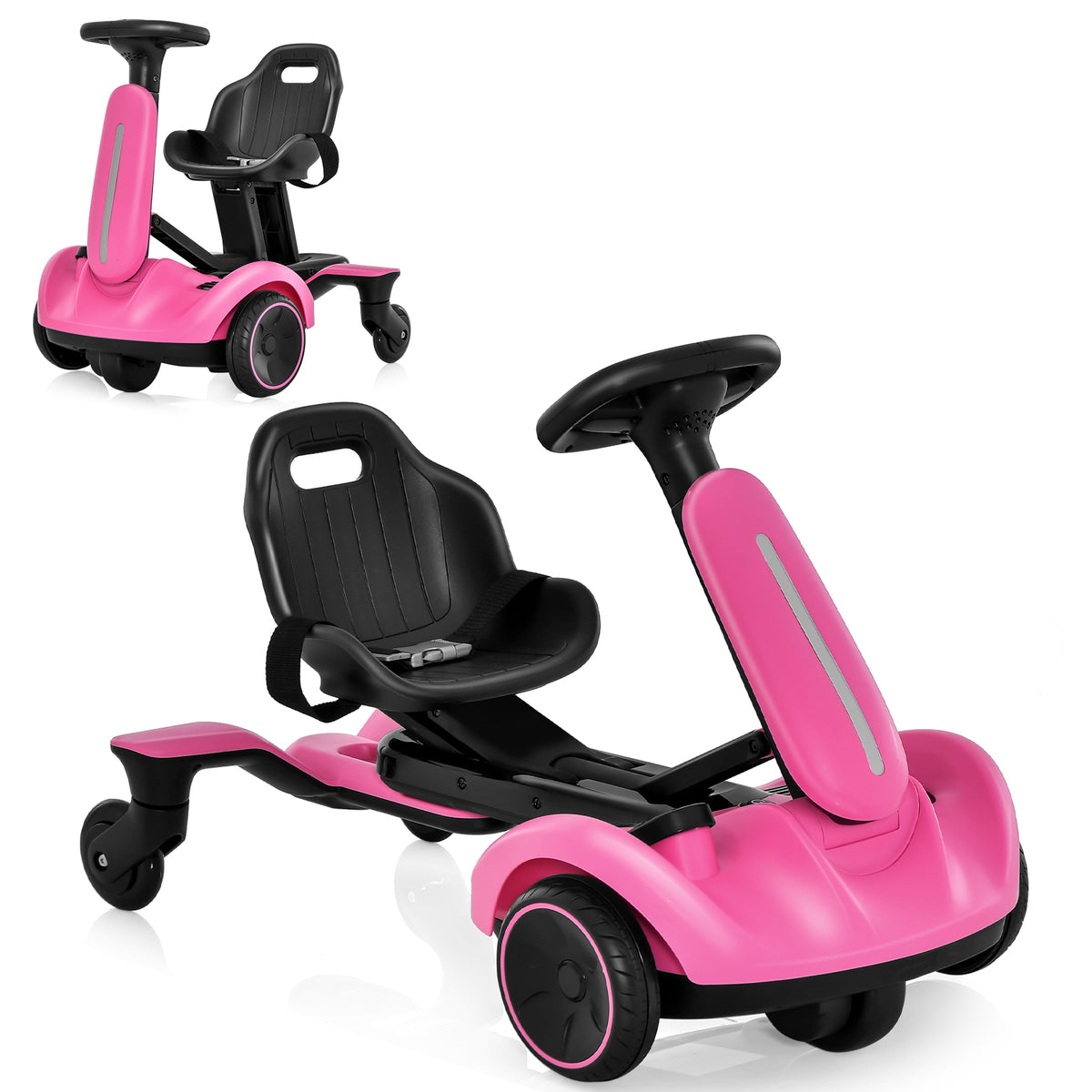 Pink electric ride on drift car with a black seat and steering wheel