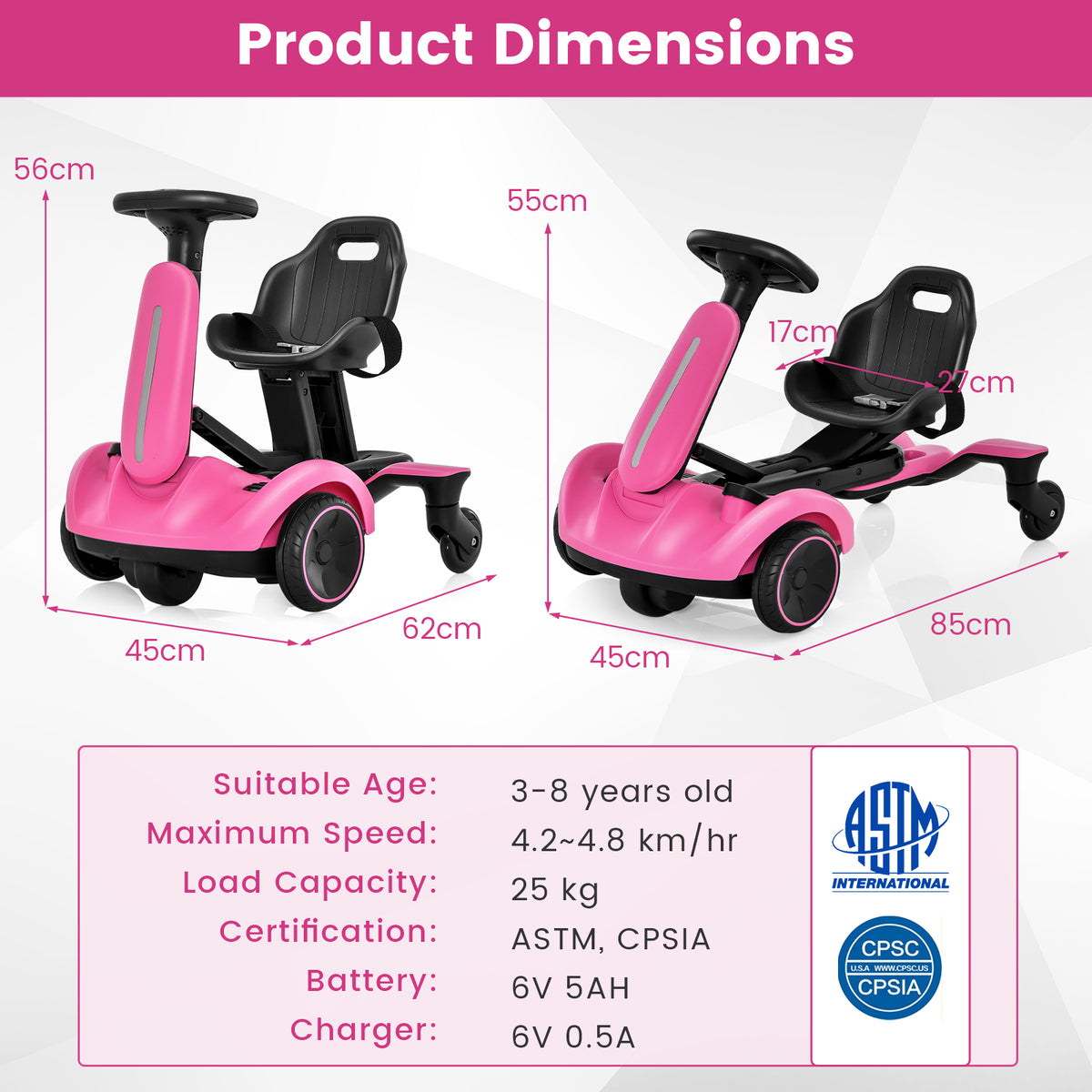 Pink electric ride on drift car with dimensions shown in diagrams