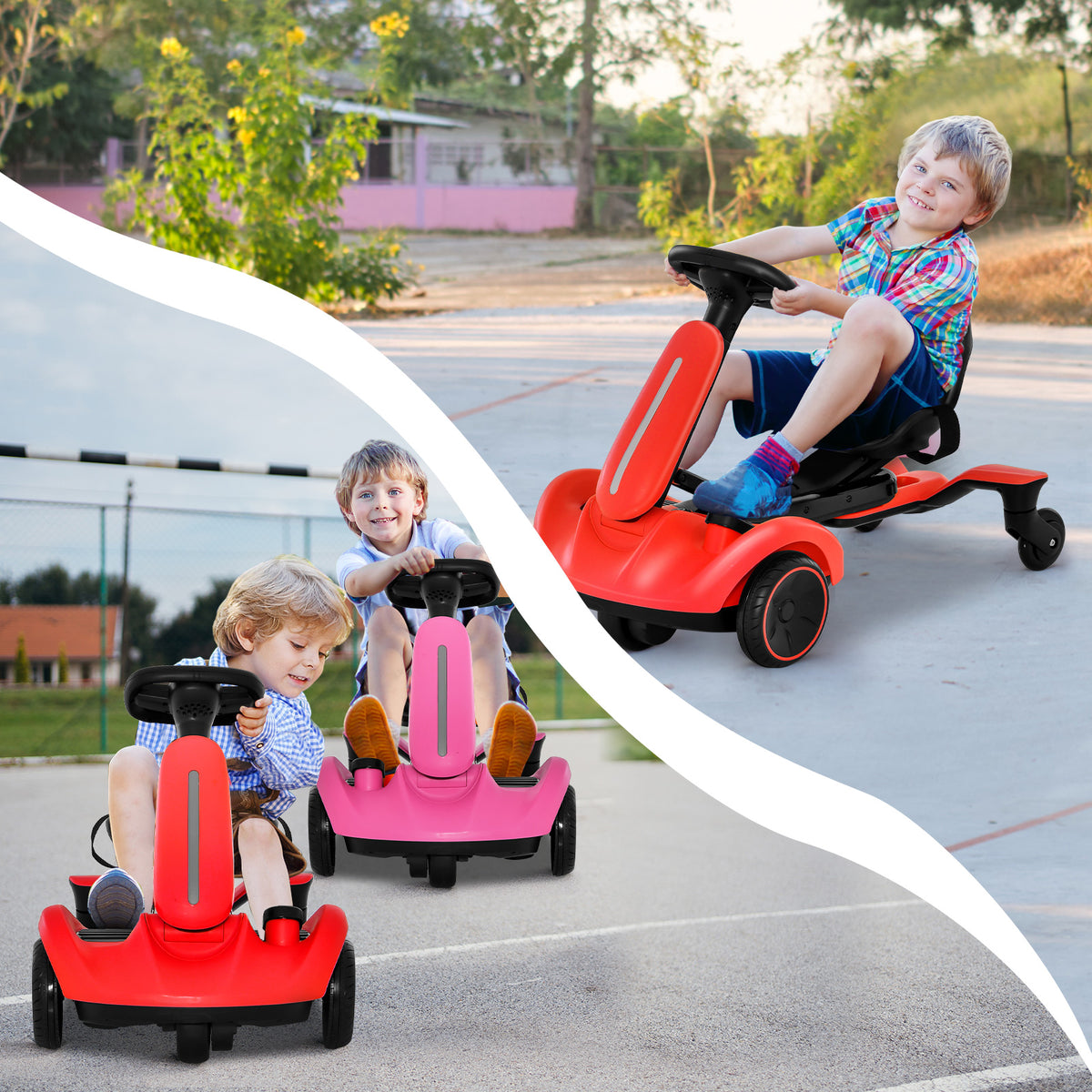 Two children enjoying riding the red and pink electric drift cars outdoors